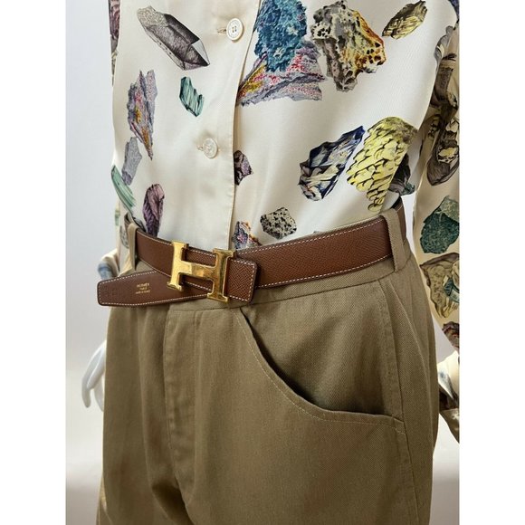 HERMES Womens Waist Belt Black Brown Textured Reversible H Buckle France M - Picture 2 of 12